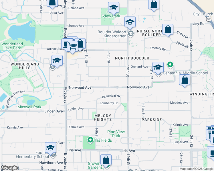 map of restaurants, bars, coffee shops, grocery stores, and more near 1695 Norwood Avenue in Boulder