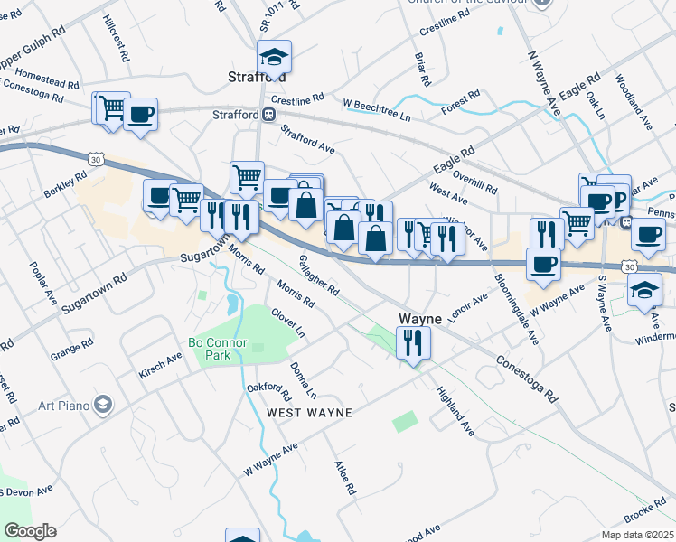map of restaurants, bars, coffee shops, grocery stores, and more near 102 Conestoga Road in Wayne