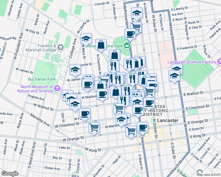 map of restaurants, bars, coffee shops, grocery stores, and more near 321 West Lemon Street in Lancaster