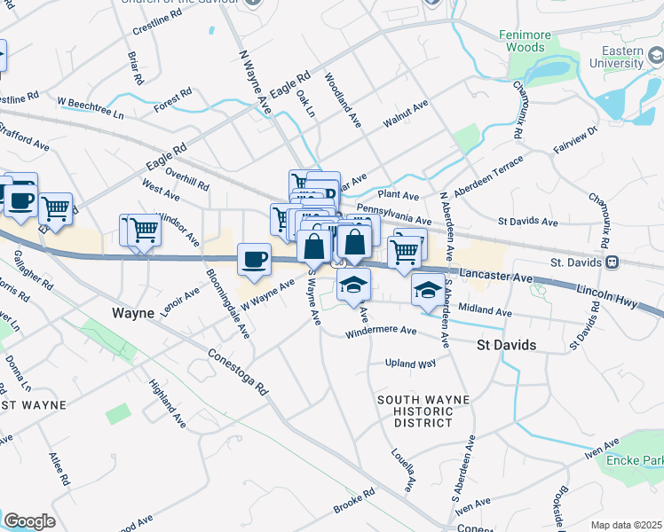 map of restaurants, bars, coffee shops, grocery stores, and more near 120 Lincoln Highway in Wayne