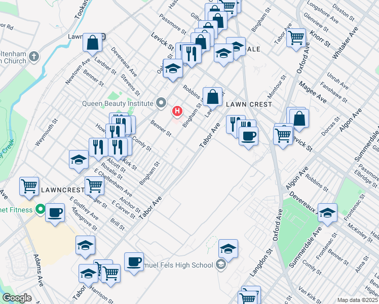 map of restaurants, bars, coffee shops, grocery stores, and more near 6030 Tabor Avenue in Philadelphia