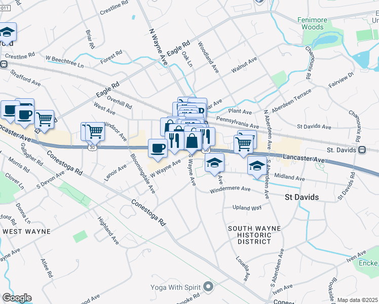 map of restaurants, bars, coffee shops, grocery stores, and more near in Wayne