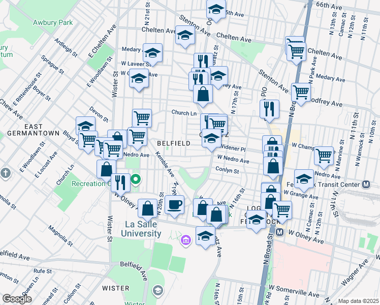 map of restaurants, bars, coffee shops, grocery stores, and more near 1857 West Nedro Avenue in Philadelphia