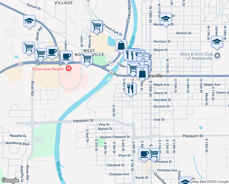 map of restaurants, bars, coffee shops, grocery stores, and more near 195 South 5th Street in Noblesville