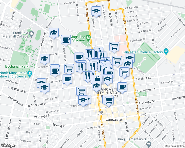 map of restaurants, bars, coffee shops, grocery stores, and more near 354 North Prince Street in Lancaster