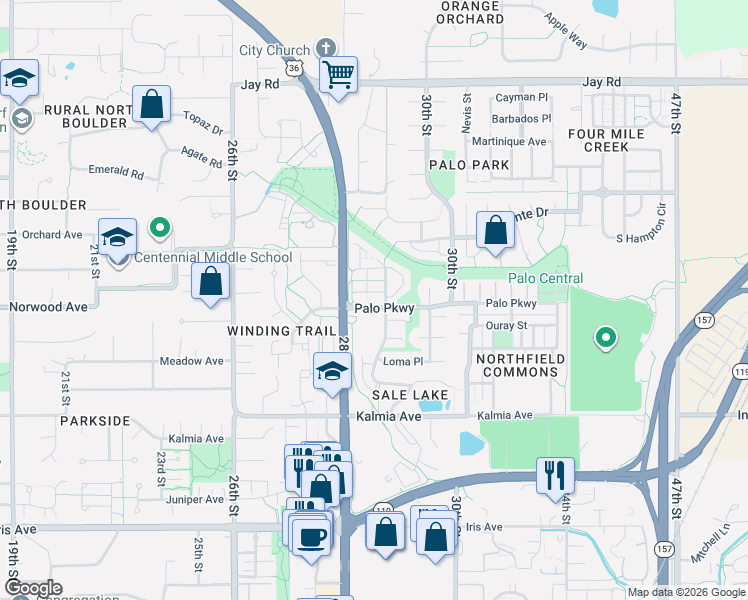 map of restaurants, bars, coffee shops, grocery stores, and more near 3850 Paseo del Prado in Boulder