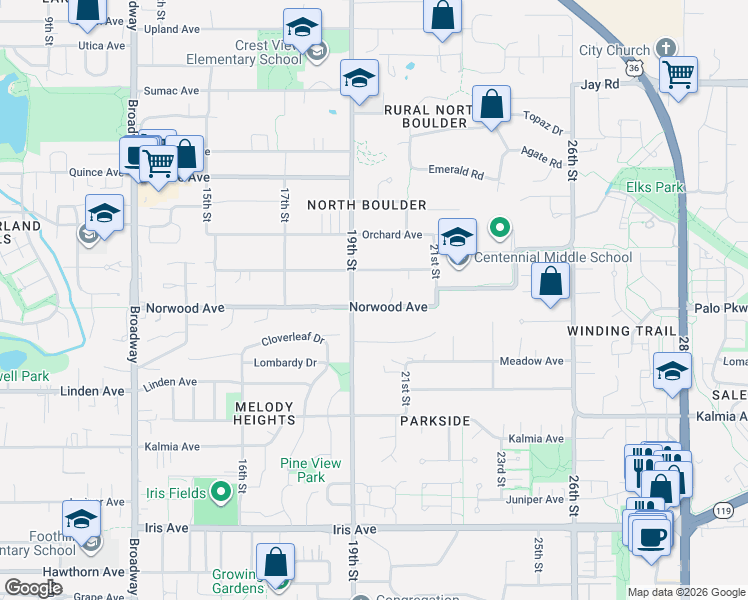 map of restaurants, bars, coffee shops, grocery stores, and more near 1977 Norwood Avenue in Boulder