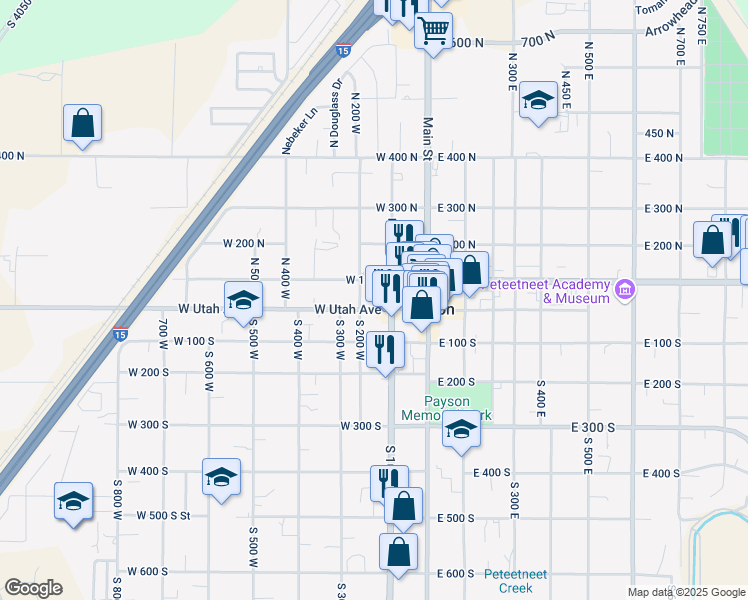map of restaurants, bars, coffee shops, grocery stores, and more near 196 West Utah Avenue in Payson