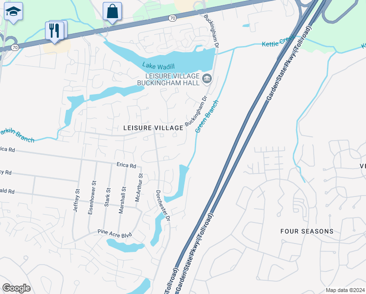 map of restaurants, bars, coffee shops, grocery stores, and more near 58D Buckingham Drive in Lakewood