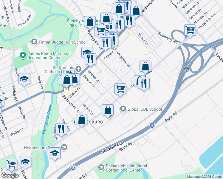 map of restaurants, bars, coffee shops, grocery stores, and more near 8617 Ditman Street in Philadelphia