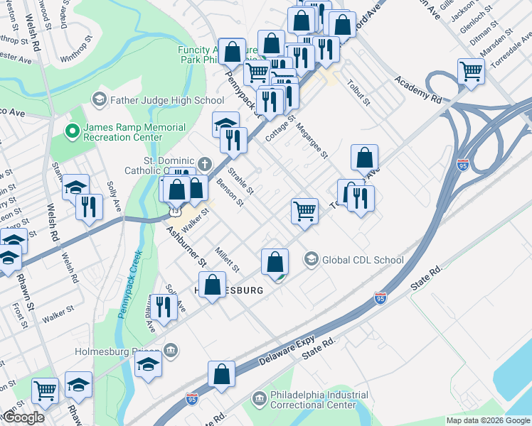 map of restaurants, bars, coffee shops, grocery stores, and more near 4532 Strahle Street in Philadelphia
