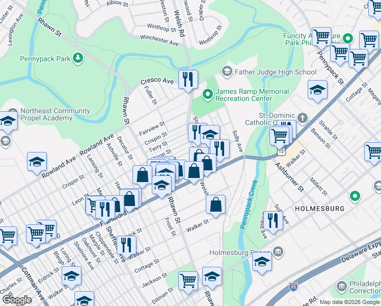 map of restaurants, bars, coffee shops, grocery stores, and more near 8130 Moro Street in Philadelphia