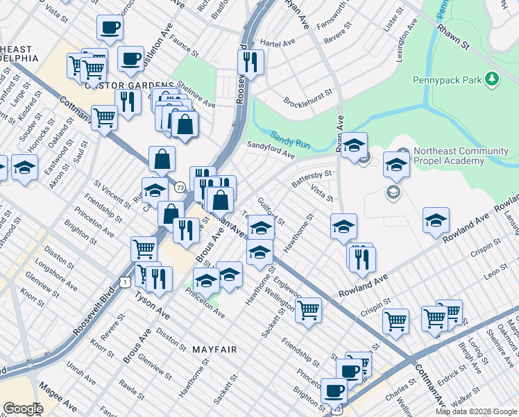 map of restaurants, bars, coffee shops, grocery stores, and more near 2925 Guilford Street in Philadelphia