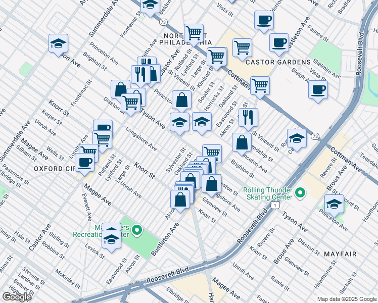 map of restaurants, bars, coffee shops, grocery stores, and more near 6931 Sylvester Street in Philadelphia