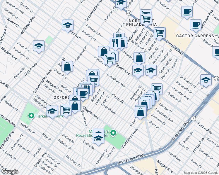 map of restaurants, bars, coffee shops, grocery stores, and more near 6820 Large Street in Philadelphia