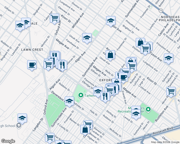 map of restaurants, bars, coffee shops, grocery stores, and more near 1201 Greeby Street in Philadelphia