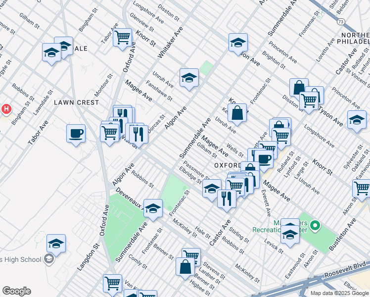 map of restaurants, bars, coffee shops, grocery stores, and more near 1201 Greeby Street in Philadelphia