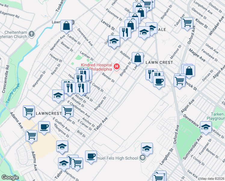 map of restaurants, bars, coffee shops, grocery stores, and more near 6019 Bingham Street in Philadelphia