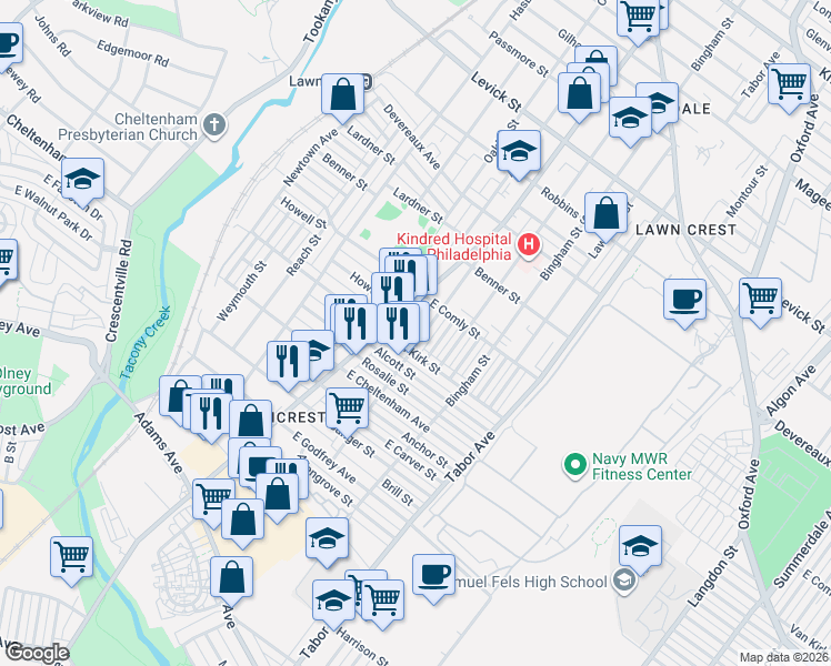 map of restaurants, bars, coffee shops, grocery stores, and more near 5918 Rising Sun Avenue in Philadelphia