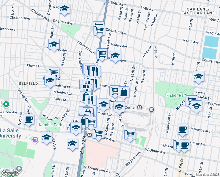 map of restaurants, bars, coffee shops, grocery stores, and more near 5949 North 13th Street in Philadelphia