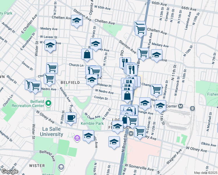 map of restaurants, bars, coffee shops, grocery stores, and more near 1608 Widener Place in Philadelphia
