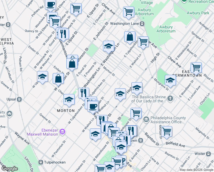 map of restaurants, bars, coffee shops, grocery stores, and more near 128 East Pastorius Street in Philadelphia