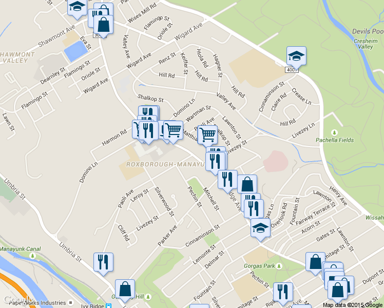 map of restaurants, bars, coffee shops, grocery stores, and more near 6901 Ridge Avenue in Philadelphia