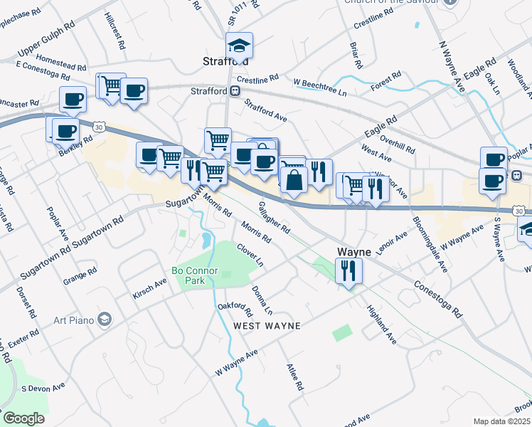 map of restaurants, bars, coffee shops, grocery stores, and more near 111 Gallagher Road in Wayne