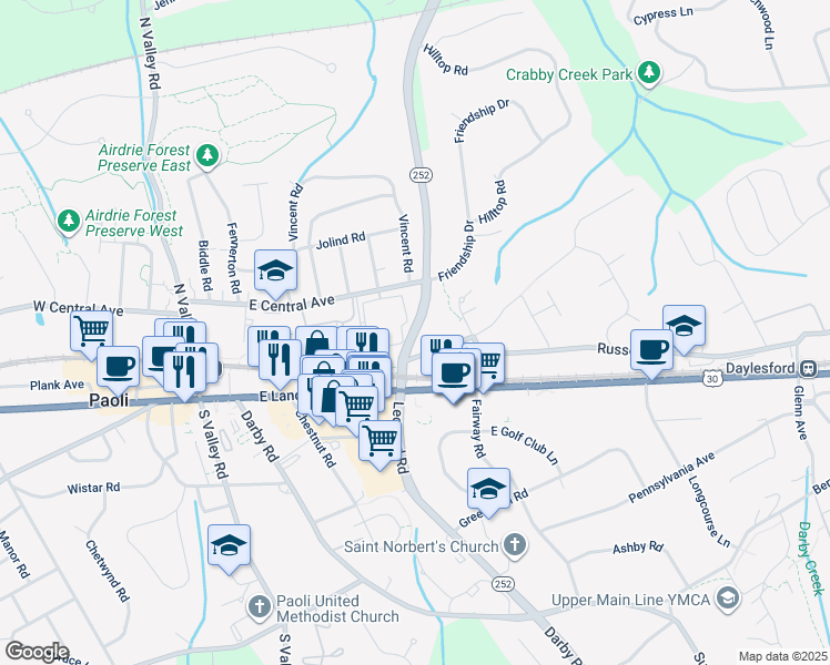map of restaurants, bars, coffee shops, grocery stores, and more near 523 Paoli Pointe Drive in Paoli