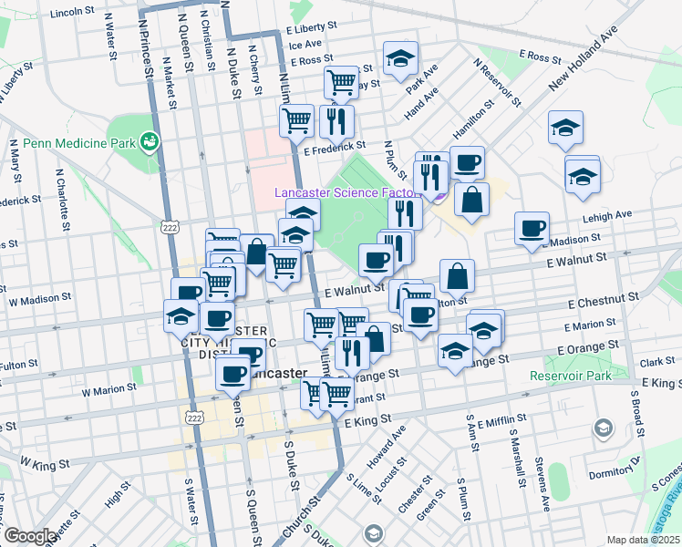 map of restaurants, bars, coffee shops, grocery stores, and more near 260 East Lemon Street in Lancaster