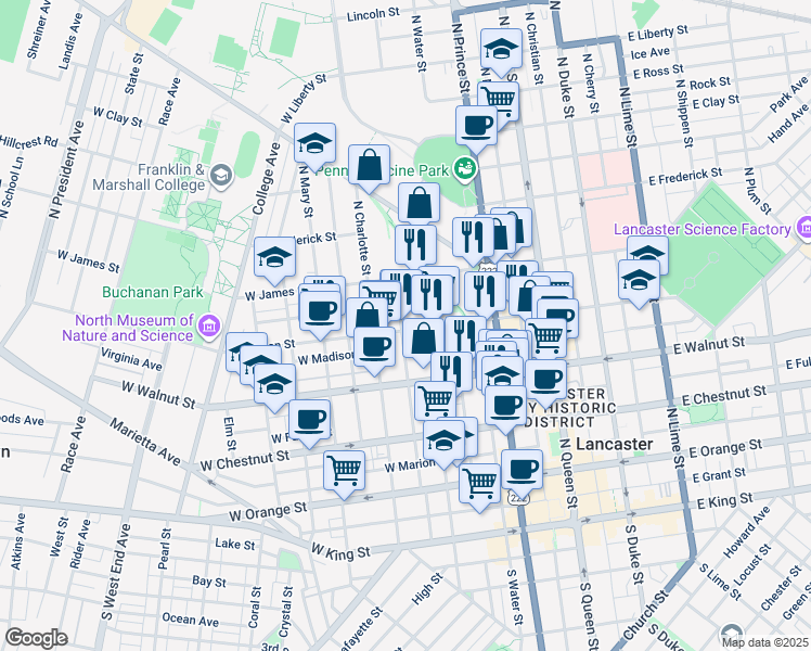 map of restaurants, bars, coffee shops, grocery stores, and more near 319 West Lemon Street in Lancaster