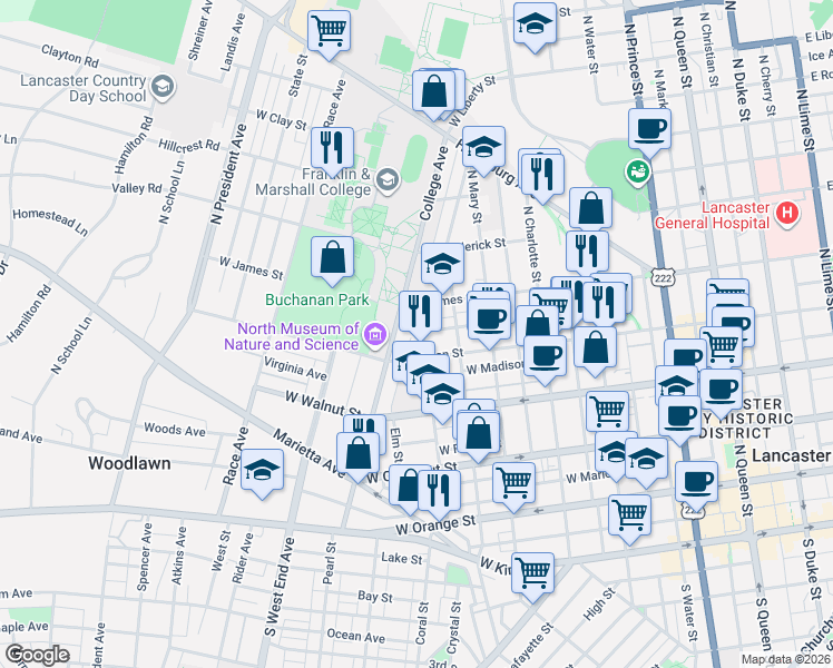map of restaurants, bars, coffee shops, grocery stores, and more near 432 Nevin Street in Lancaster