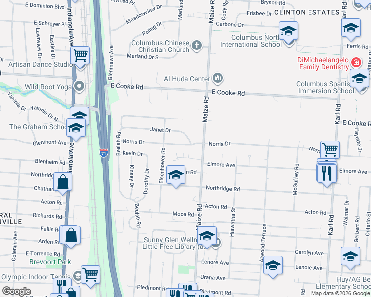 map of restaurants, bars, coffee shops, grocery stores, and more near 981 Norris Drive in Columbus