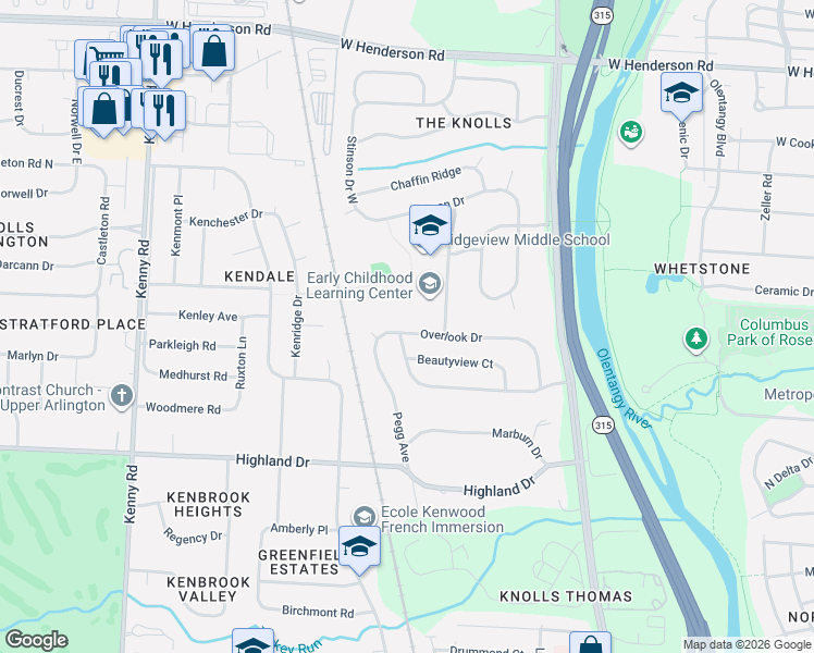 map of restaurants, bars, coffee shops, grocery stores, and more near 784 Overlook Drive in Columbus