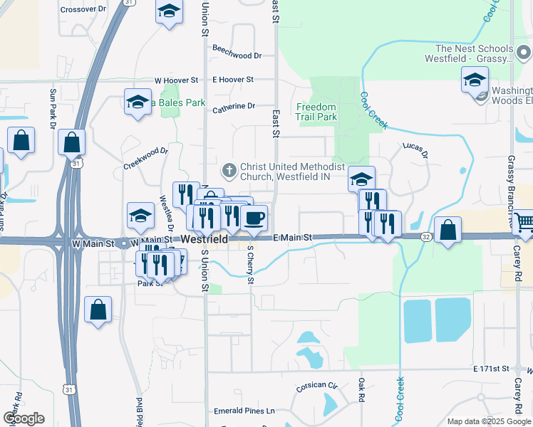 map of restaurants, bars, coffee shops, grocery stores, and more near in Westfield