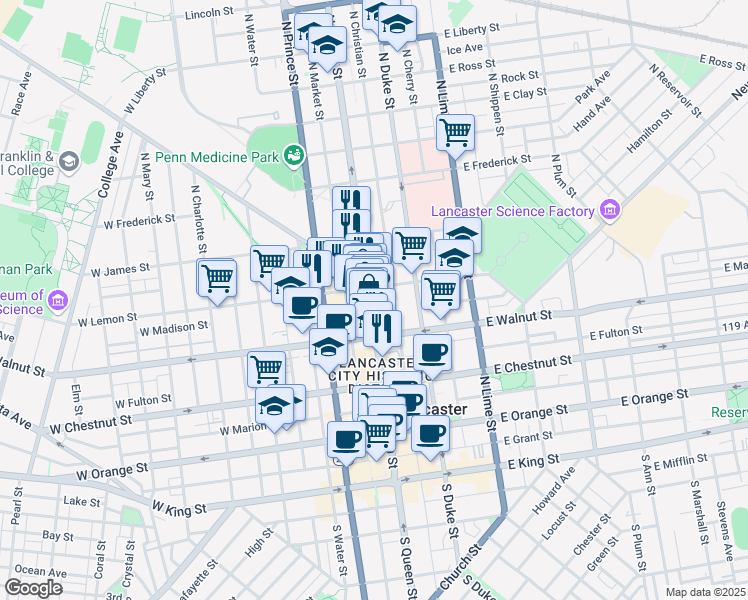map of restaurants, bars, coffee shops, grocery stores, and more near 345 North Queen Street in Lancaster