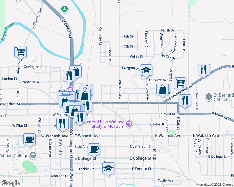 map of restaurants, bars, coffee shops, grocery stores, and more near 412 Binford Street in Crawfordsville