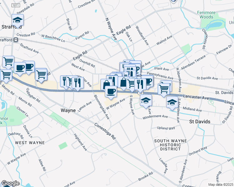 map of restaurants, bars, coffee shops, grocery stores, and more near 126 Lancaster Avenue in Wayne