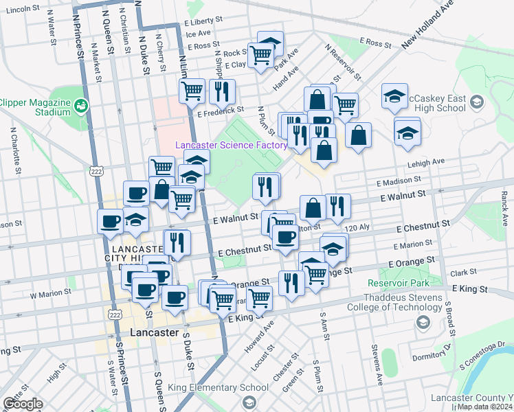 map of restaurants, bars, coffee shops, grocery stores, and more near 331A East Walnut Street in Lancaster