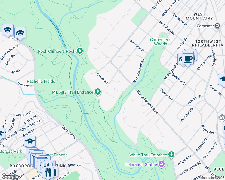 map of restaurants, bars, coffee shops, grocery stores, and more near 7150 North Mount Pleasant Place in Philadelphia