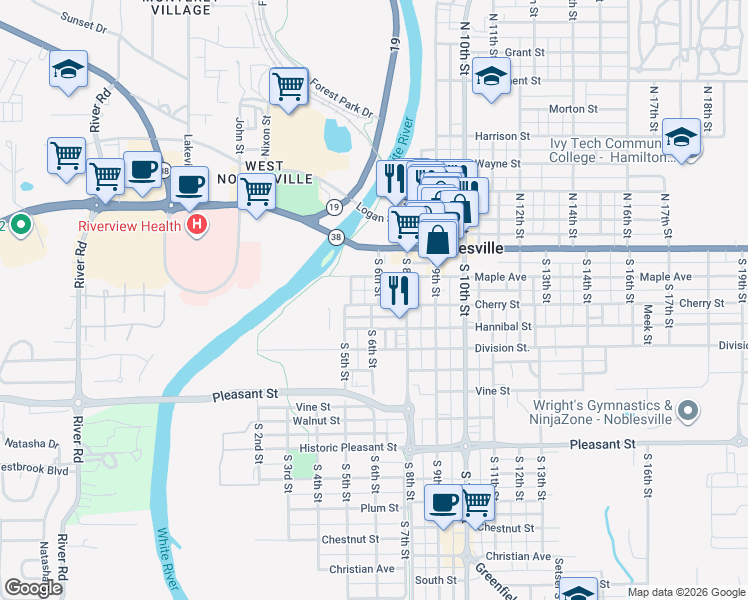 map of restaurants, bars, coffee shops, grocery stores, and more near 197 South 6th Street in Noblesville