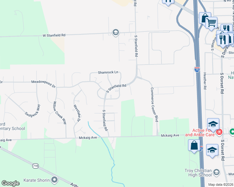 map of restaurants, bars, coffee shops, grocery stores, and more near 726 Rockhurst Circle in Troy