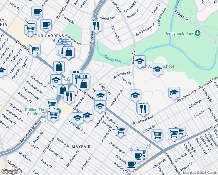 map of restaurants, bars, coffee shops, grocery stores, and more near 3002 Windish Street in Philadelphia