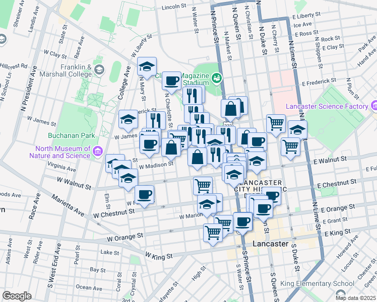 map of restaurants, bars, coffee shops, grocery stores, and more near 321 West Lemon Street in Lancaster