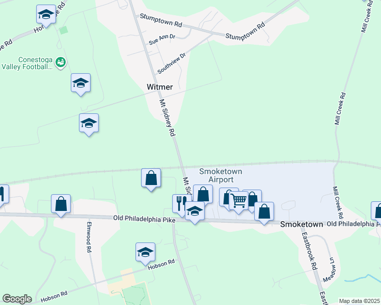 map of restaurants, bars, coffee shops, grocery stores, and more near 361 Mount Sidney Road in Lancaster