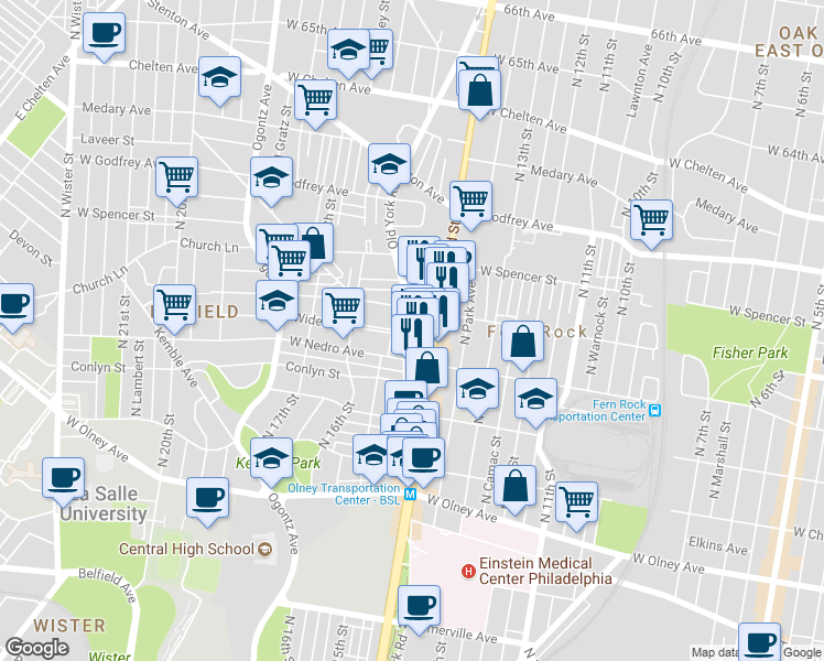map of restaurants, bars, coffee shops, grocery stores, and more near 5930 Old York Road in Philadelphia