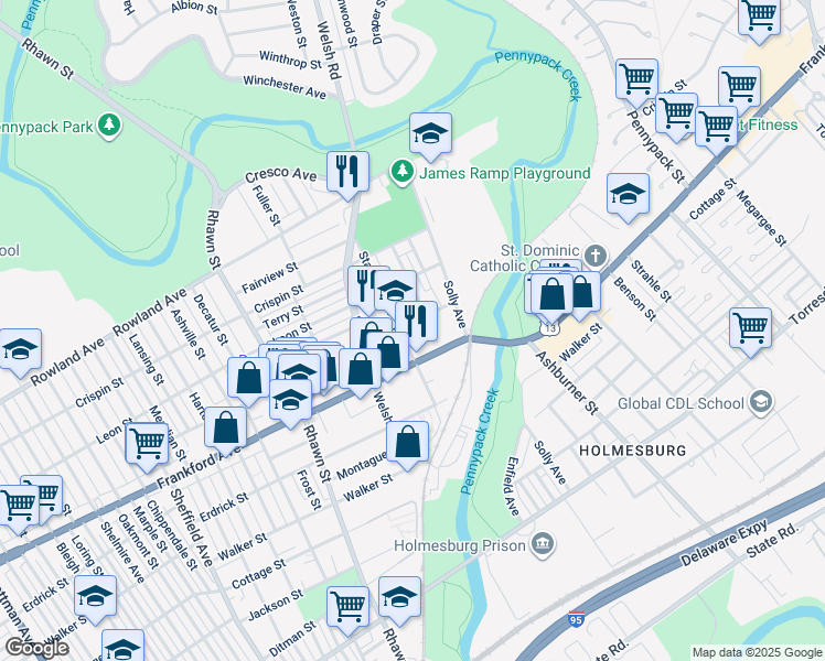 map of restaurants, bars, coffee shops, grocery stores, and more near 8209 Craig Street in Philadelphia