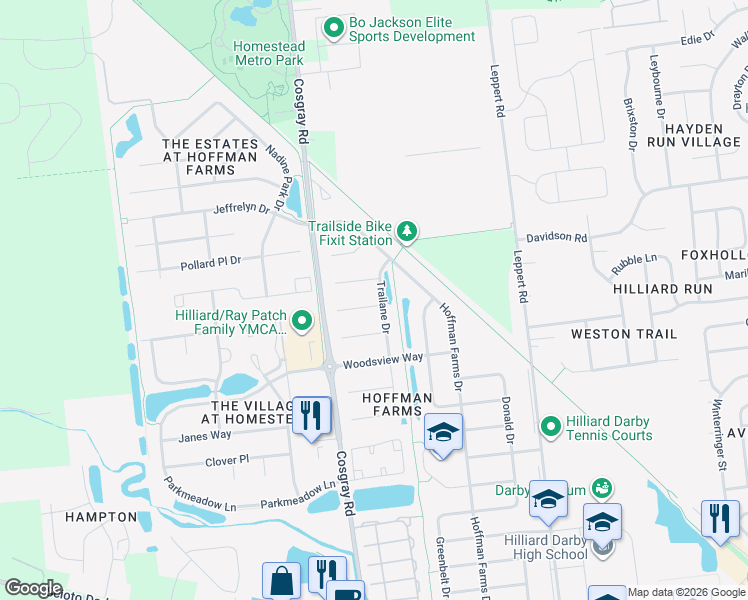 map of restaurants, bars, coffee shops, grocery stores, and more near 4571 Trailane Dr in Hilliard