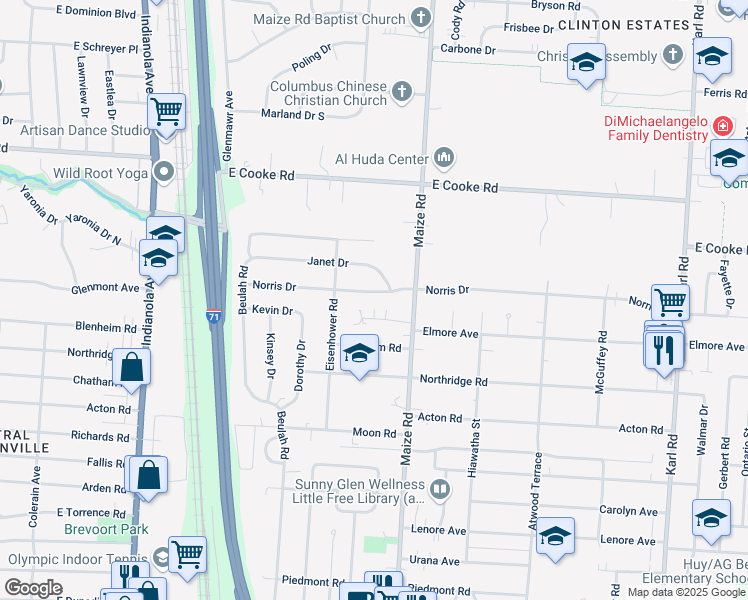 map of restaurants, bars, coffee shops, grocery stores, and more near 981 Norris Drive in Columbus