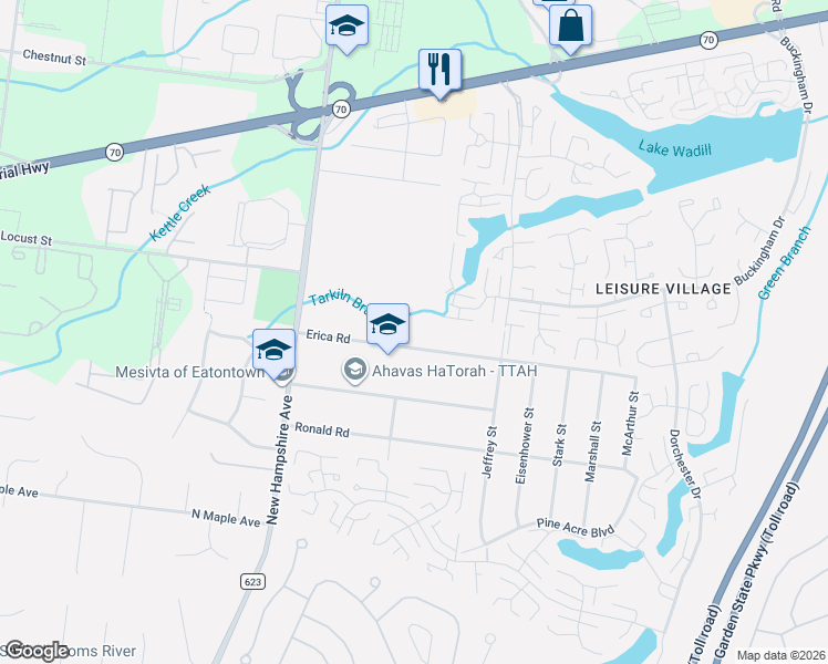 map of restaurants, bars, coffee shops, grocery stores, and more near 105 Erica Road in Lakewood